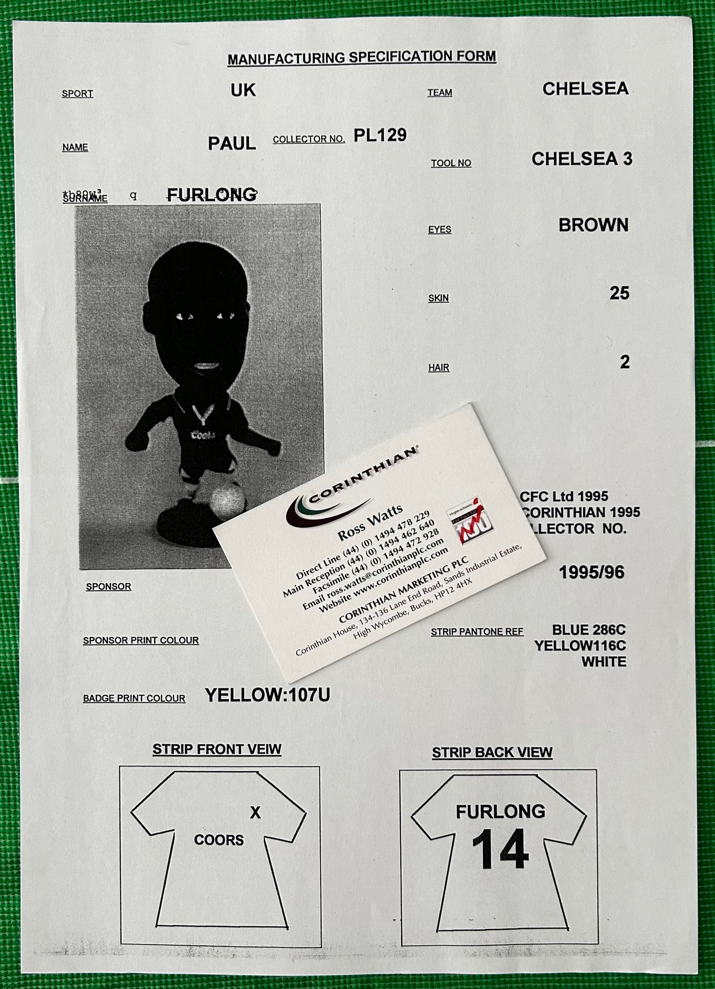Corinthian Manufacturing Specification Form - PAUL FURLONG (CHELSEA) 1995-96 PL129