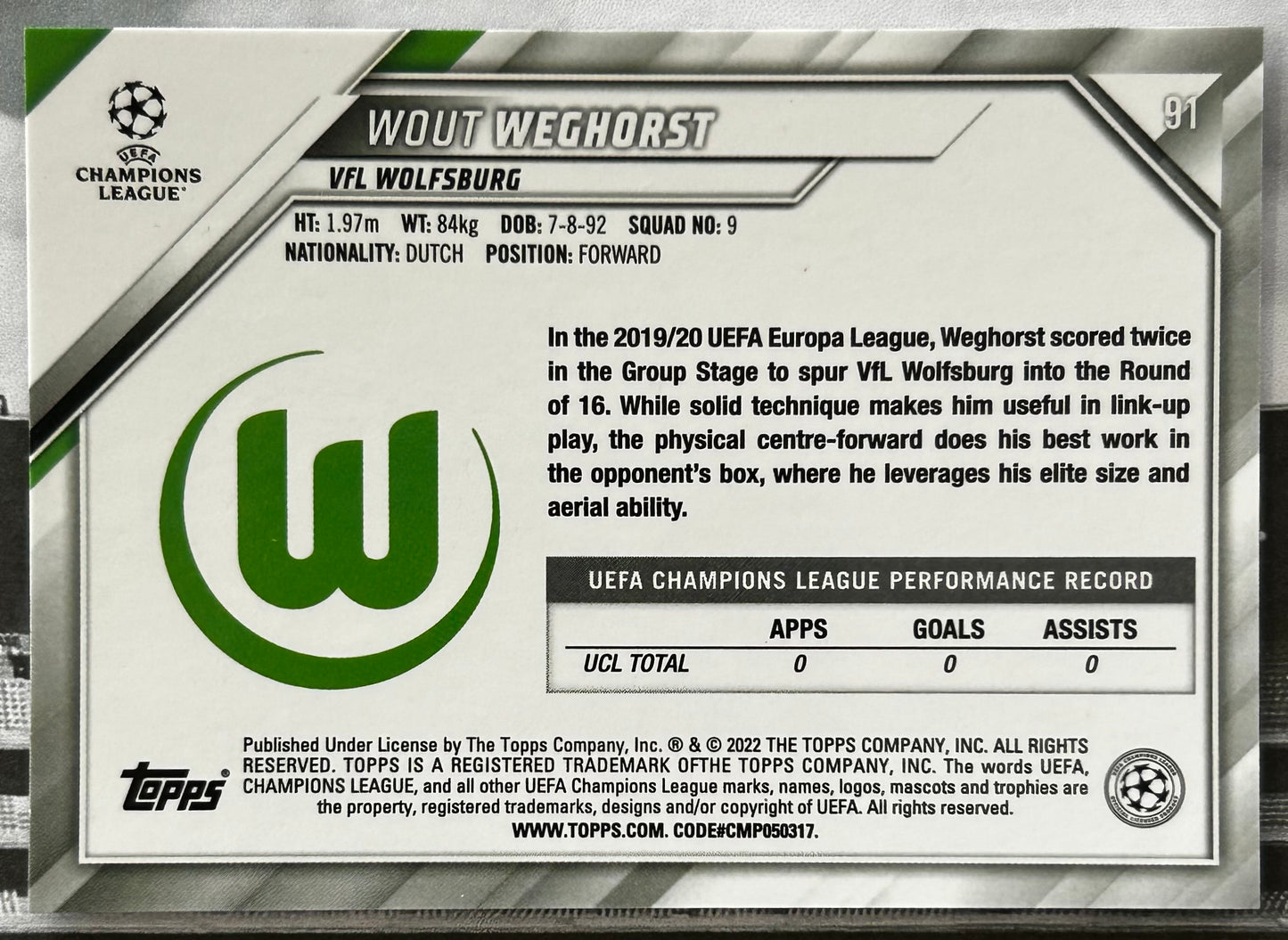 Topps UEFA Chrome Sapphire 2021-22 - WOUT WEGHORST (VfL WOLFSBURG) #91