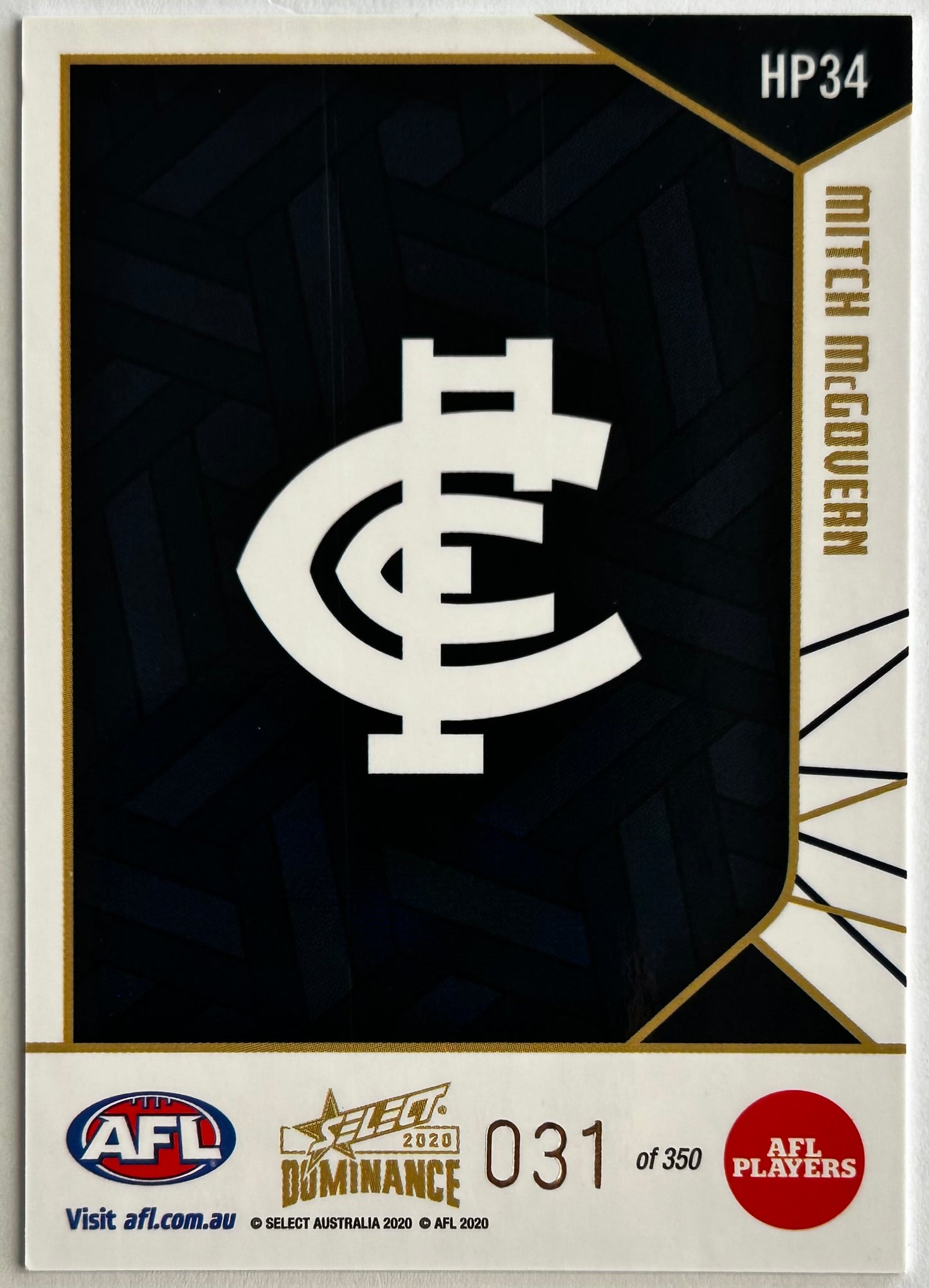 2020 AFL Select Dominance - MITCH McGOVERN (CARLTON) Holographic Parallel HP34 /350