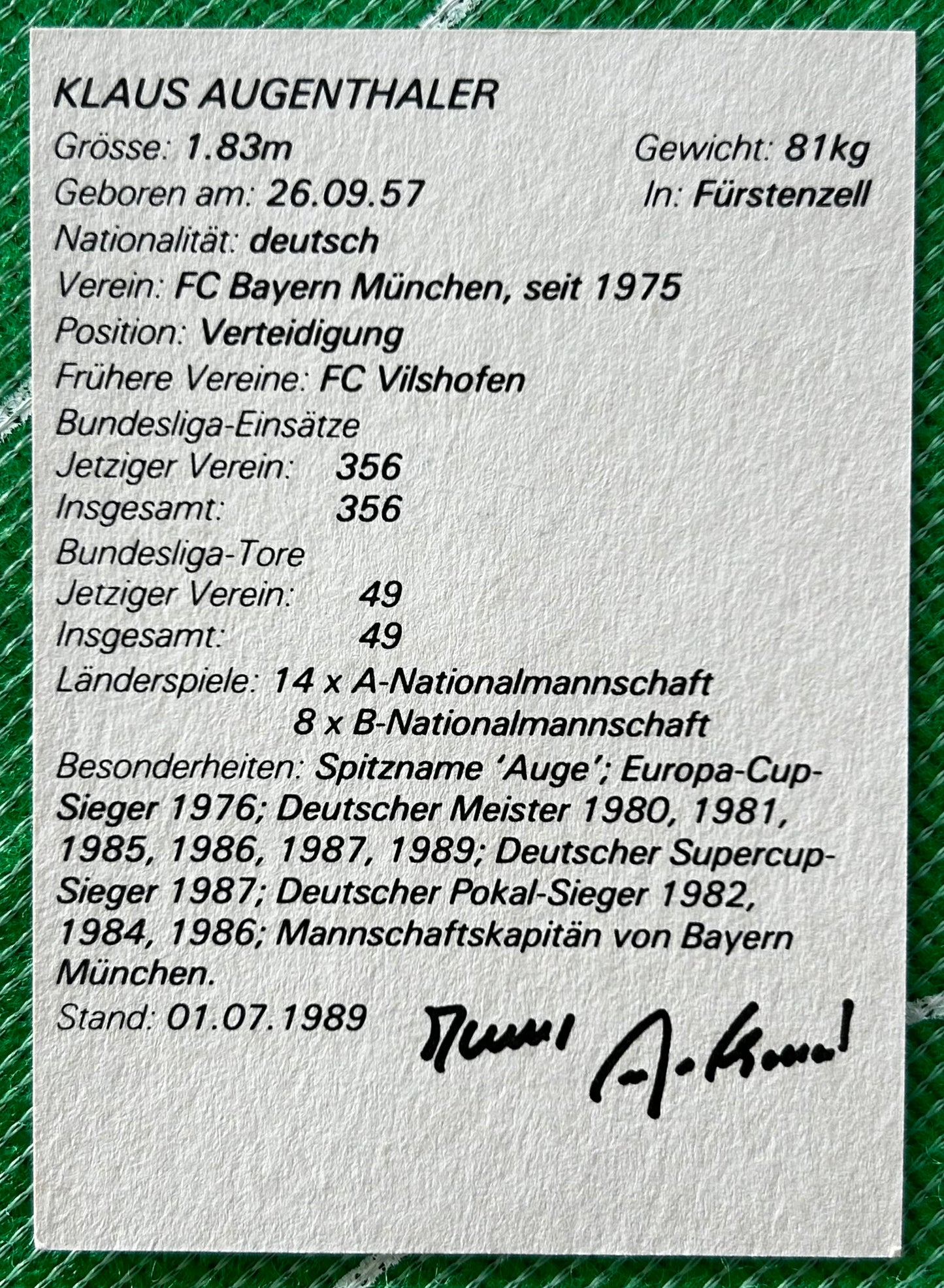 Tonka Sportstars Collector Card - KLAUS AUGENTHALER (BAYERN MUNICH) 1989 Release