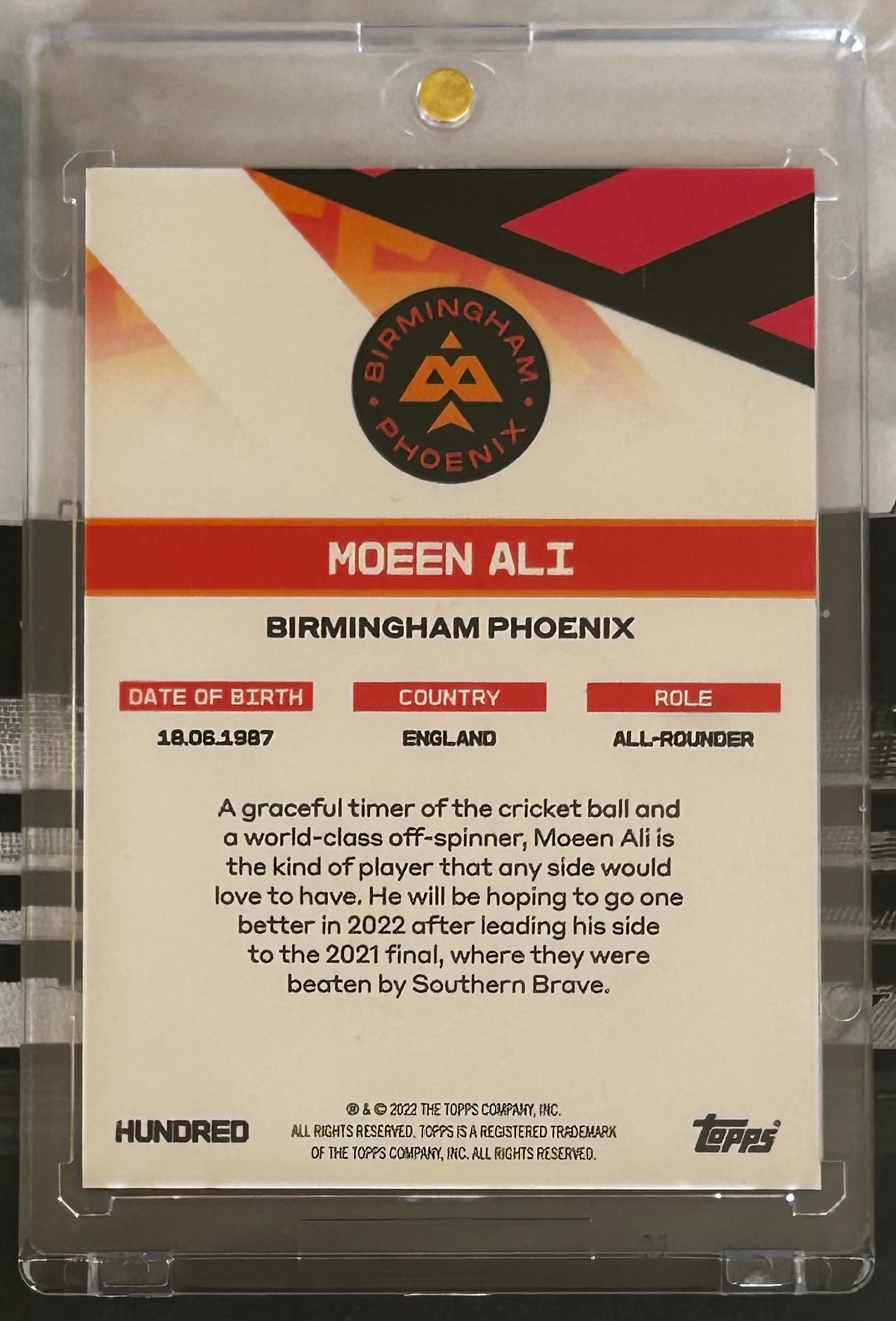 Topps The Hundred 2022 Trading Card Collection - MOEEN ALI (Birmingham Phoenix) Orange Parallel *#1 of just 6 printed*