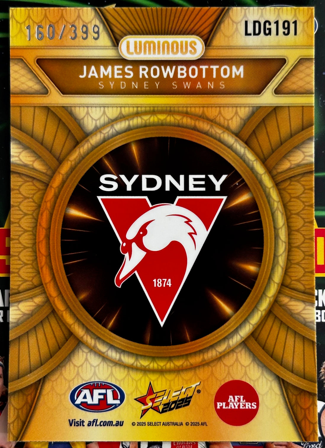 Select AFL 2025 Footy Stars - JAMES ROWBOTTOM (SYDNEY SWANS) Gold Dragon Scales LDG191 /399