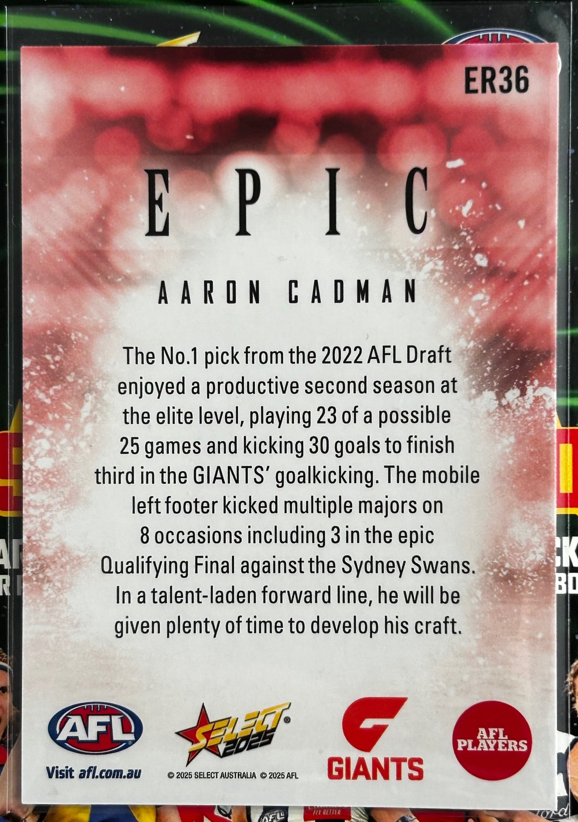 Select AFL 2025 Footy Stars - AARON CADMAN (GWS GIANTS) Epic Red ER36