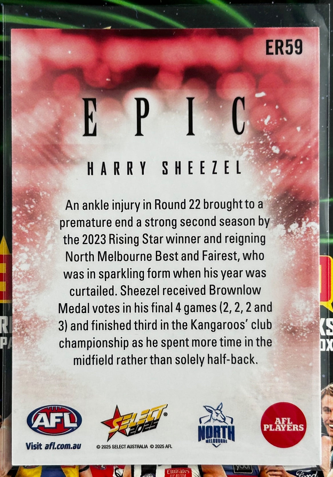 Select AFL 2025 Footy Stars - HARRY SHEEZEL (NORTH MELBOURNE) Epic Red ER59