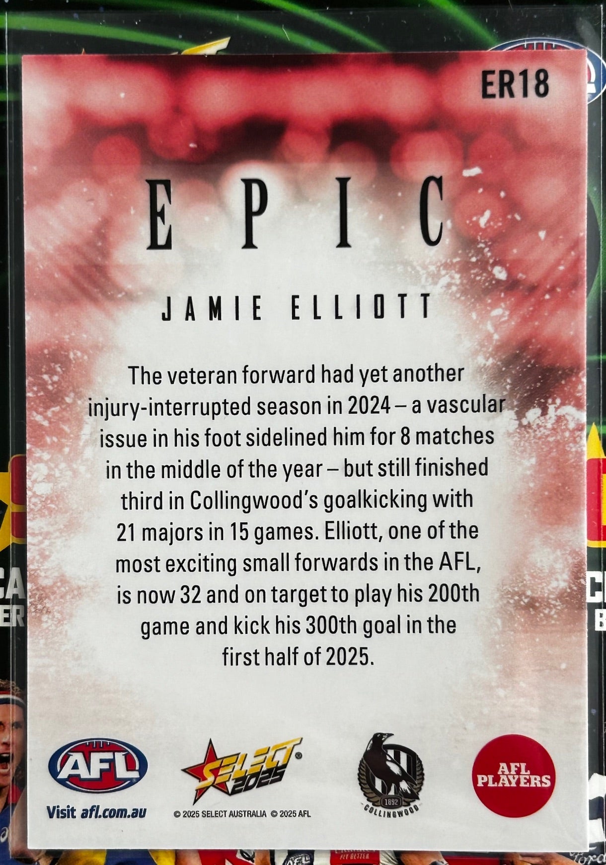 Select AFL 2025 Footy Stars - JAMIE ELLIOTT (COLLINGWOOD) Epic Red ER18