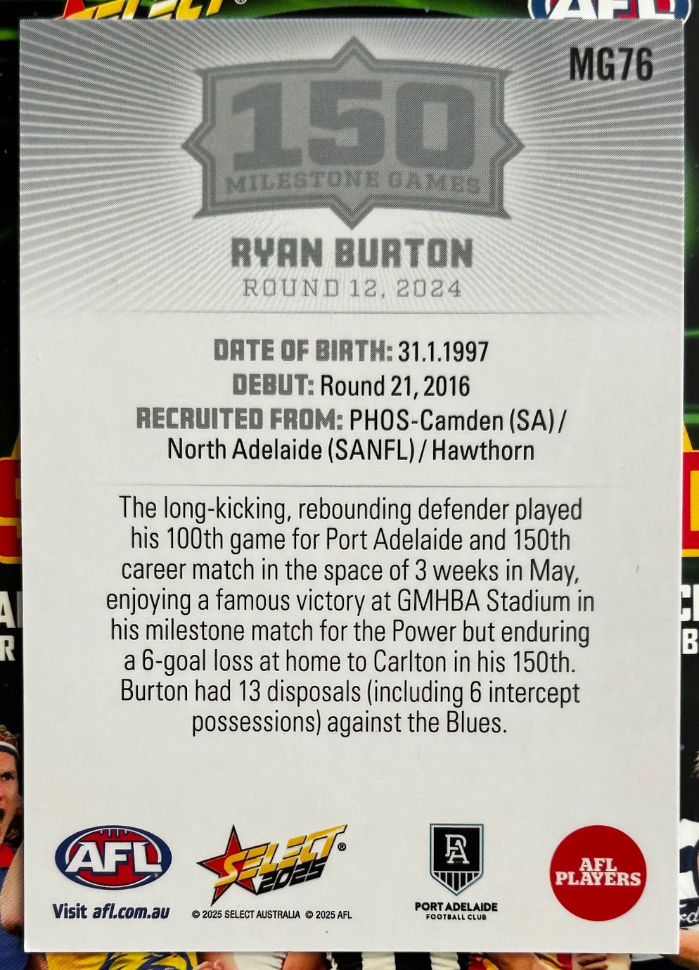 Select AFL 2025 Footy Stars - RYAN BURTON (PORT ADELAIDE) 150 Milestone Games MG76