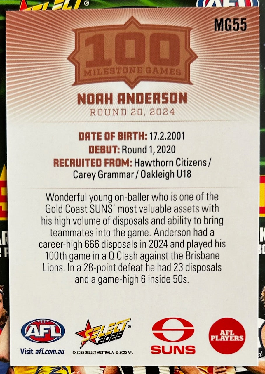 Select AFL 2025 Footy Stars - NOAH ANDERSON (GOLD COAST SUNS) 100 Milestone Games MG55