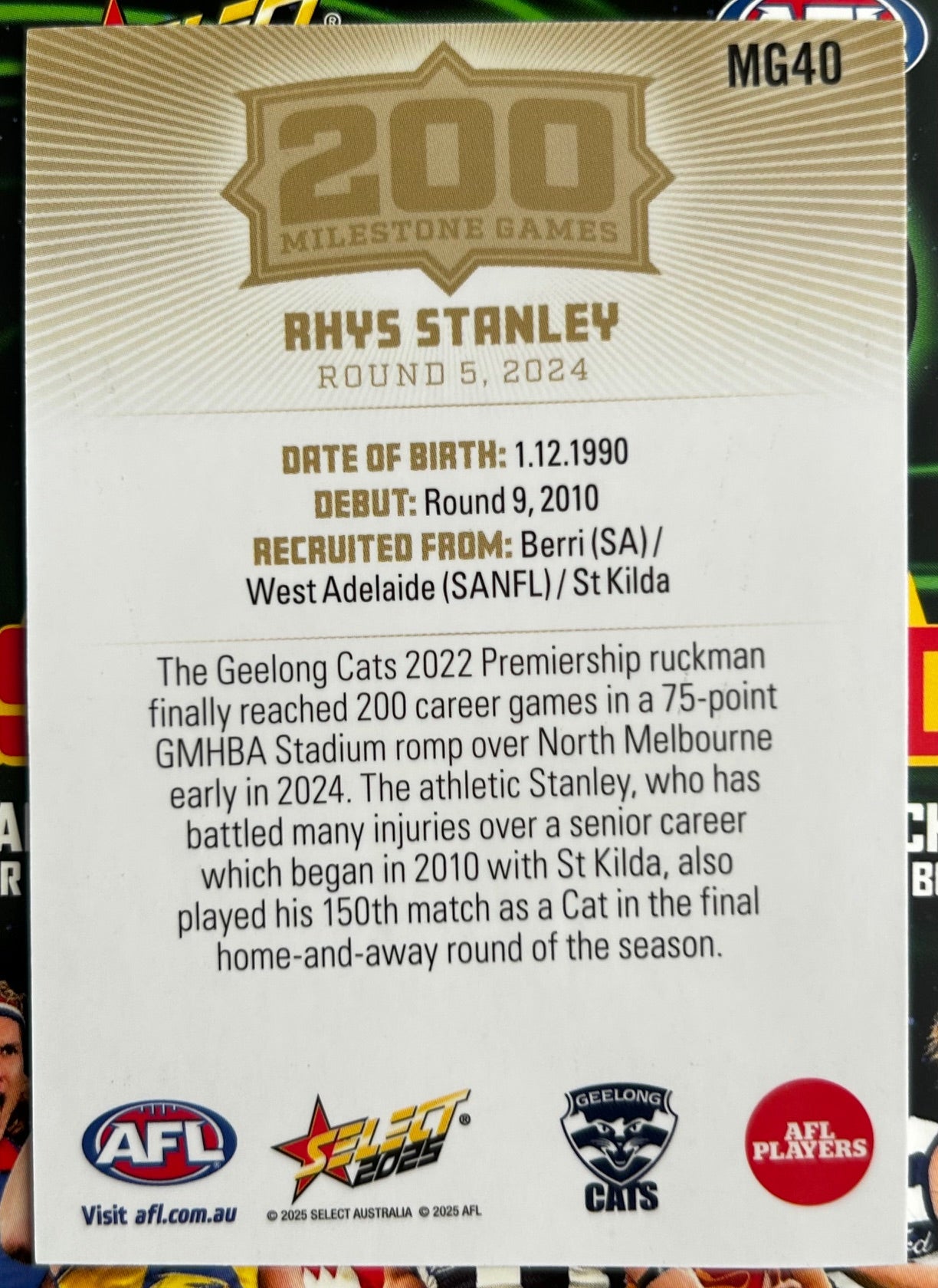 Select AFL 2025 Footy Stars - RHYS STANLEY (GEELONG) 200 Milestone Games MG40