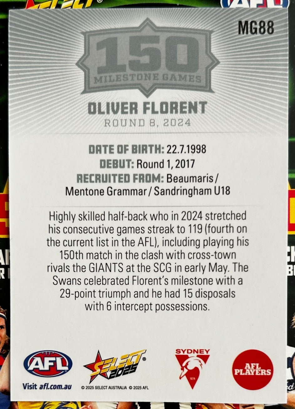 Select AFL 2025 Footy Stars - OLIVER FLORENT (SYDNEY SWANS) 150 Milestone Games MG88
