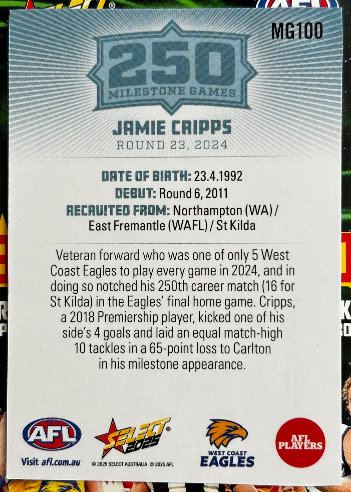 Select AFL 2025 Footy Stars - JAMIE CRIPPS (WEST COAST EAGLES) 250 Milestone Games MG100