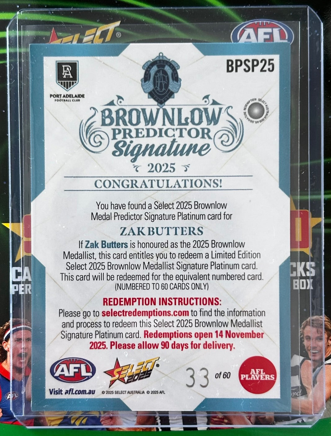 Select AFL 2025 Footy Stars Hobby - ZAK BUTTERS (PORT ADELAIDE) Brownlow Predictor Signature Platinum BPSP25 /60