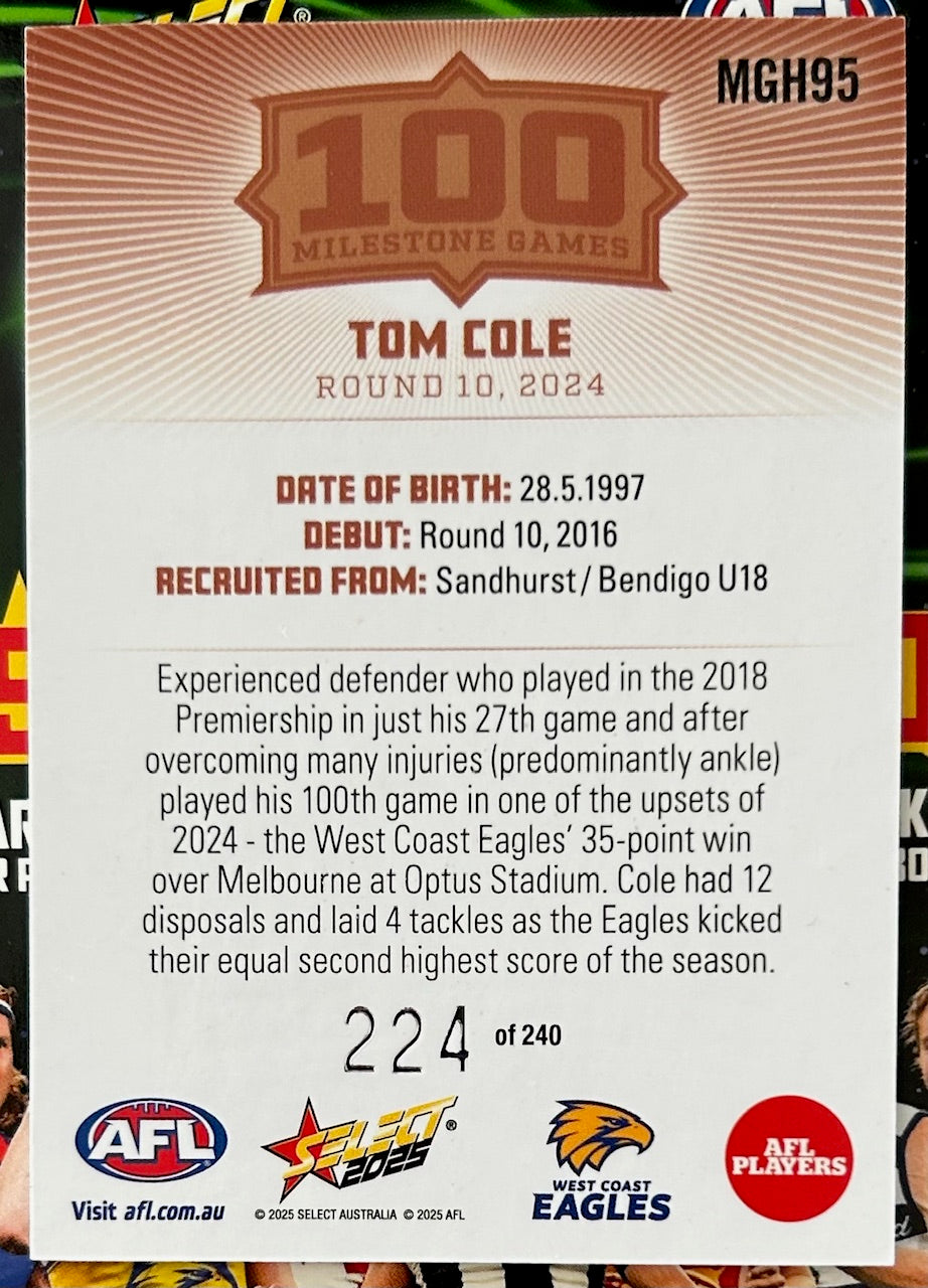 Select AFL 2025 Footy Stars Hobby - TOM COLE (WEST COAST EAGLES) 100 Milestone Games MGH95 /240