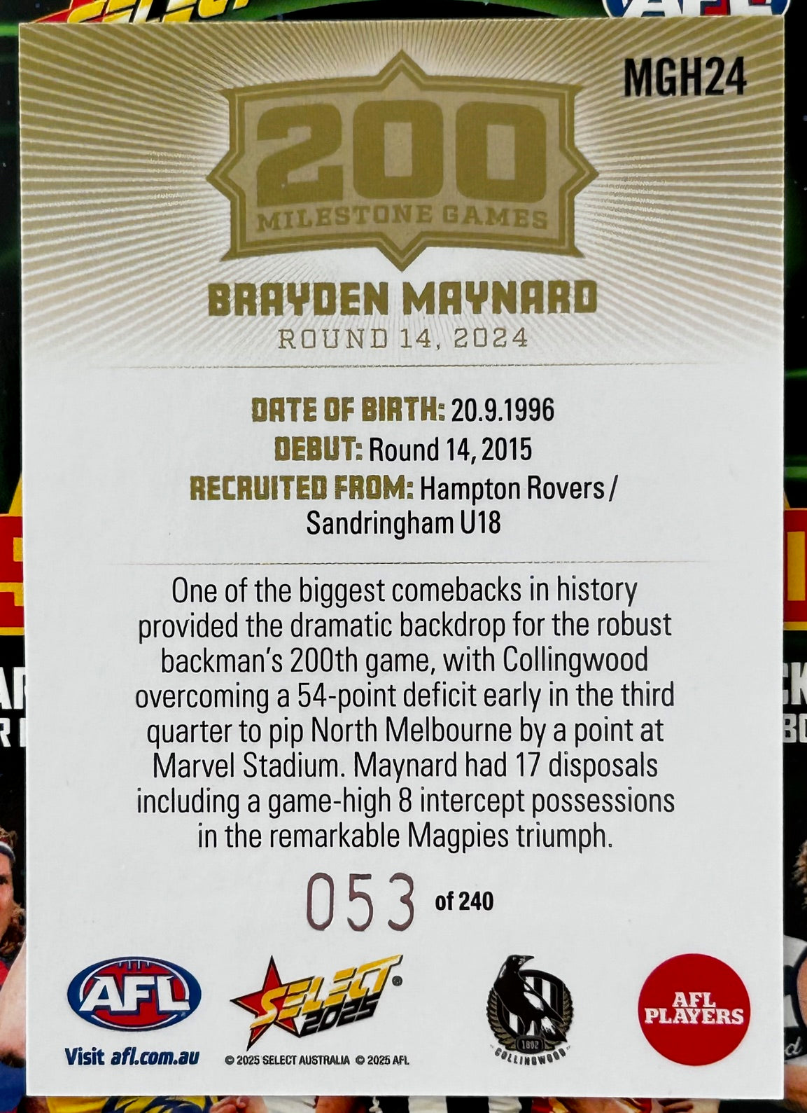 Select AFL 2025 Footy Stars Hobby - BRAYDEN MAYNARD (COLLINGWOOD) 200 Milestone Games MGH24 /240