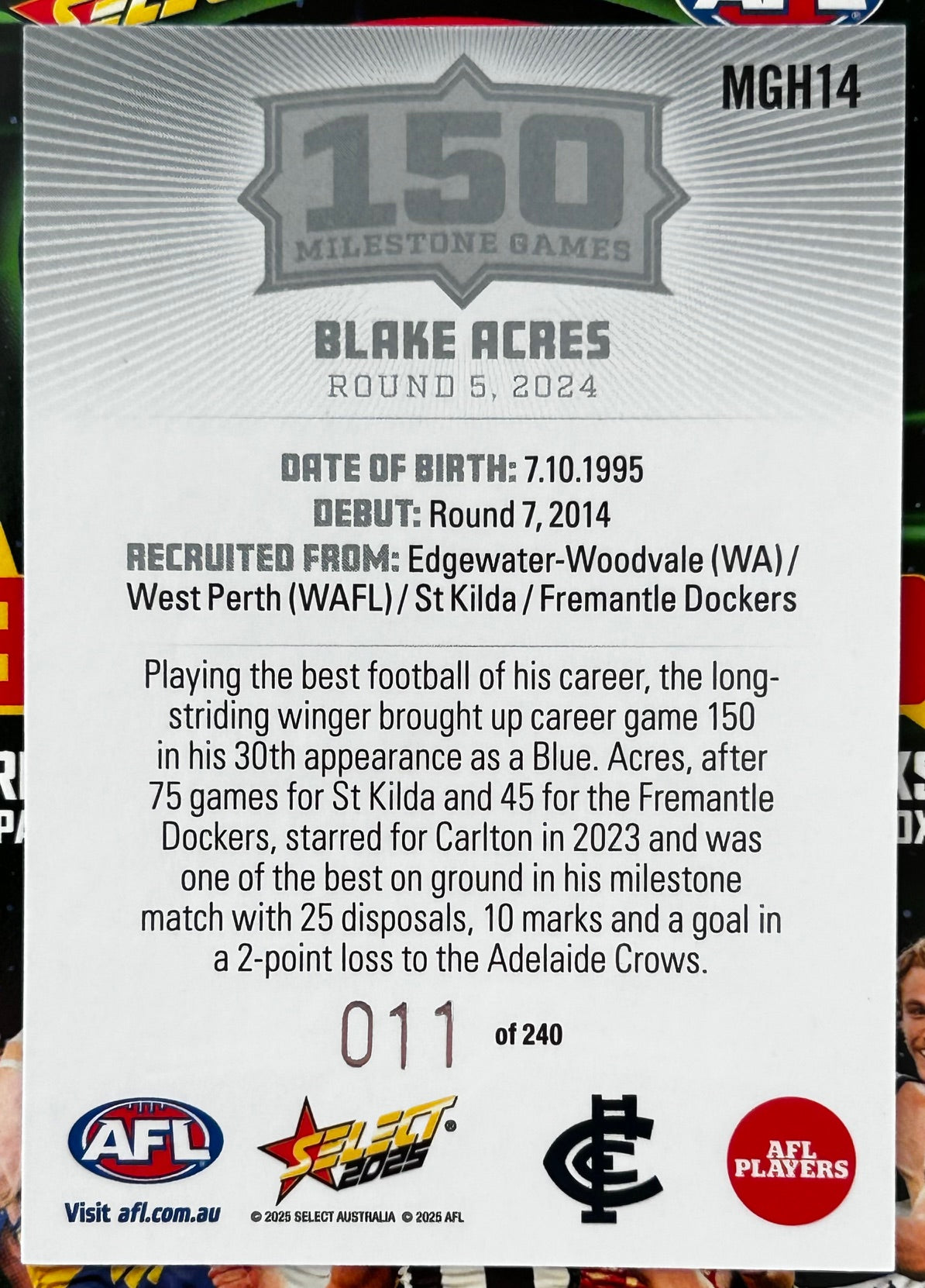 Select AFL 2025 Footy Stars Hobby - BLAKE ACRES (CARLTON) 150 Milestone Games MGH14 /240