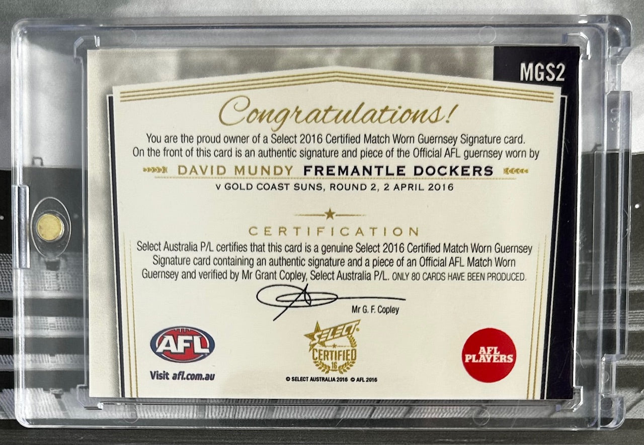 Select AFL 2016 Certified - DAVID MUNDY (FREMANTLE DOCKERS) Match Worn Guernsey Signature Card MGS2 /80