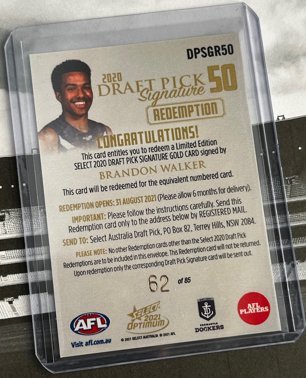 Select AFL Optimum 2021 - BRANDON WALKER (FREMANTLE DOCKERS) Draft Pick Signature Gold Redemption DPSGR50 /85