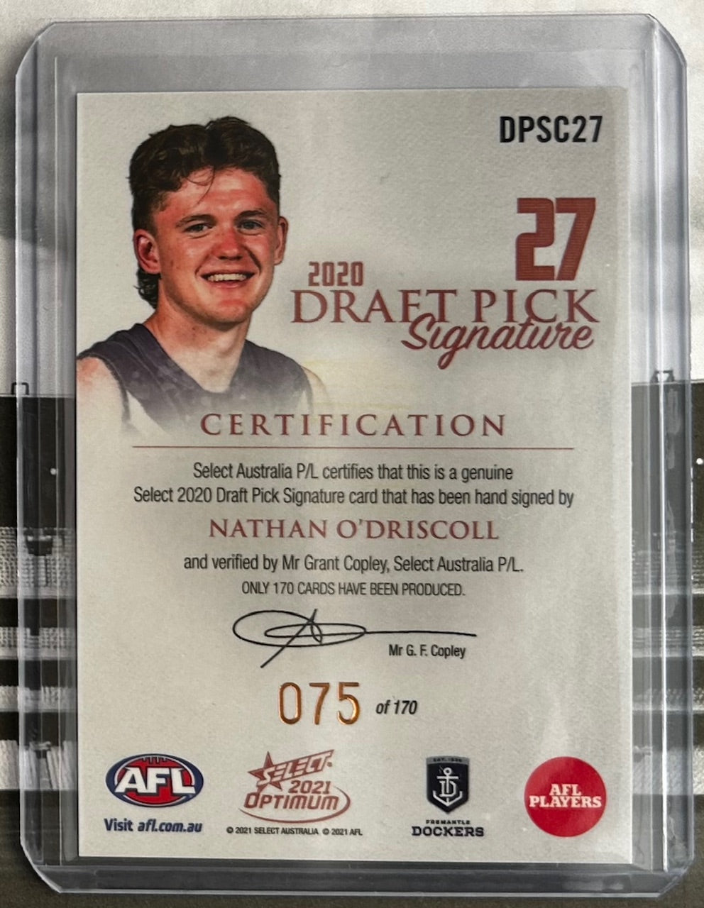 Select AFL Optimum 2021 - NATHAN O'DRISCOLL (FREMANTLE DOCKERS) Draft Pick Signature Copper DPSC27 /170