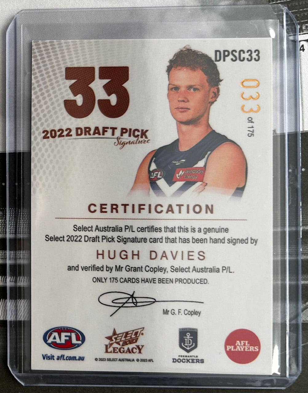 Select AFL Legacy 2023 - HUGH DAVIES (FREMANTLE DOCKERS) Draft Pick Signature Copper DPSC33 /175
