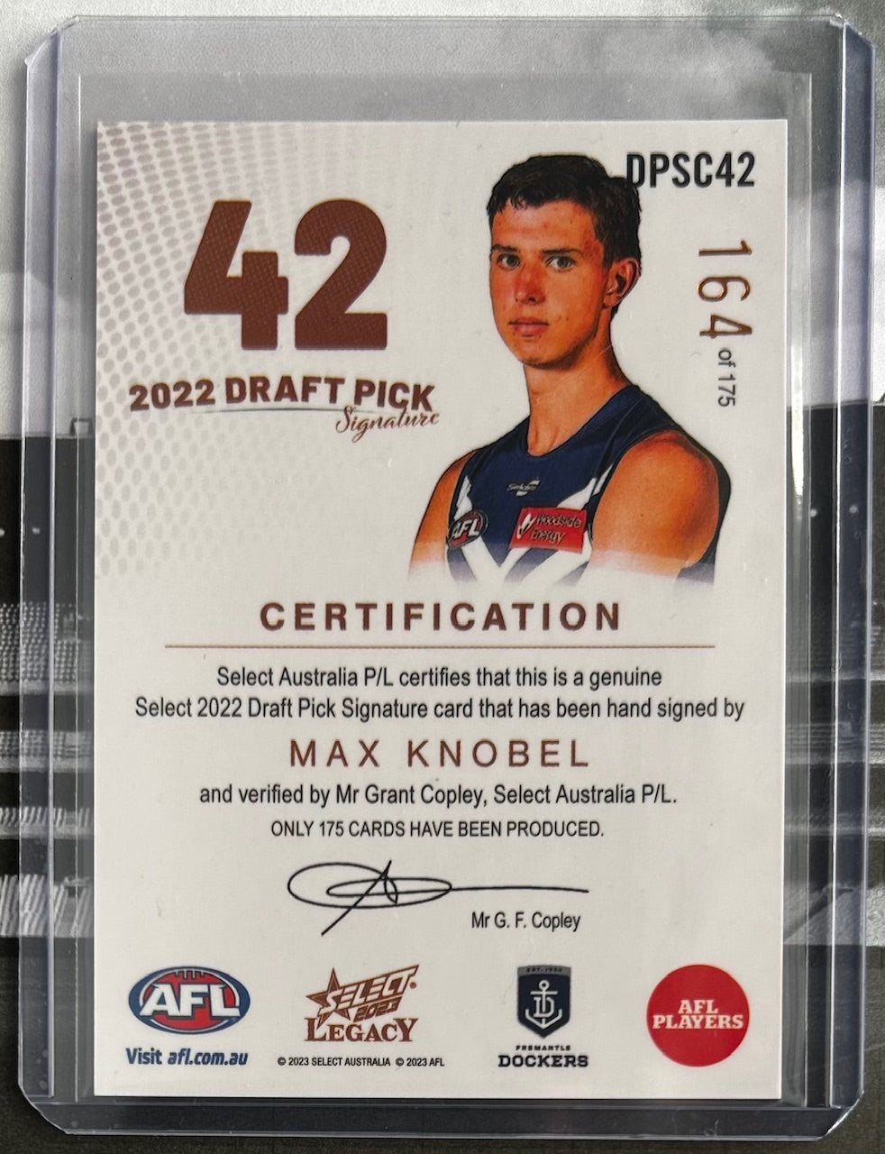 Select AFL Legacy 2023 - MAX KNOBEL (FREMANTLE DOCKERS) Draft Pick Signature Copper DPSC42 /175