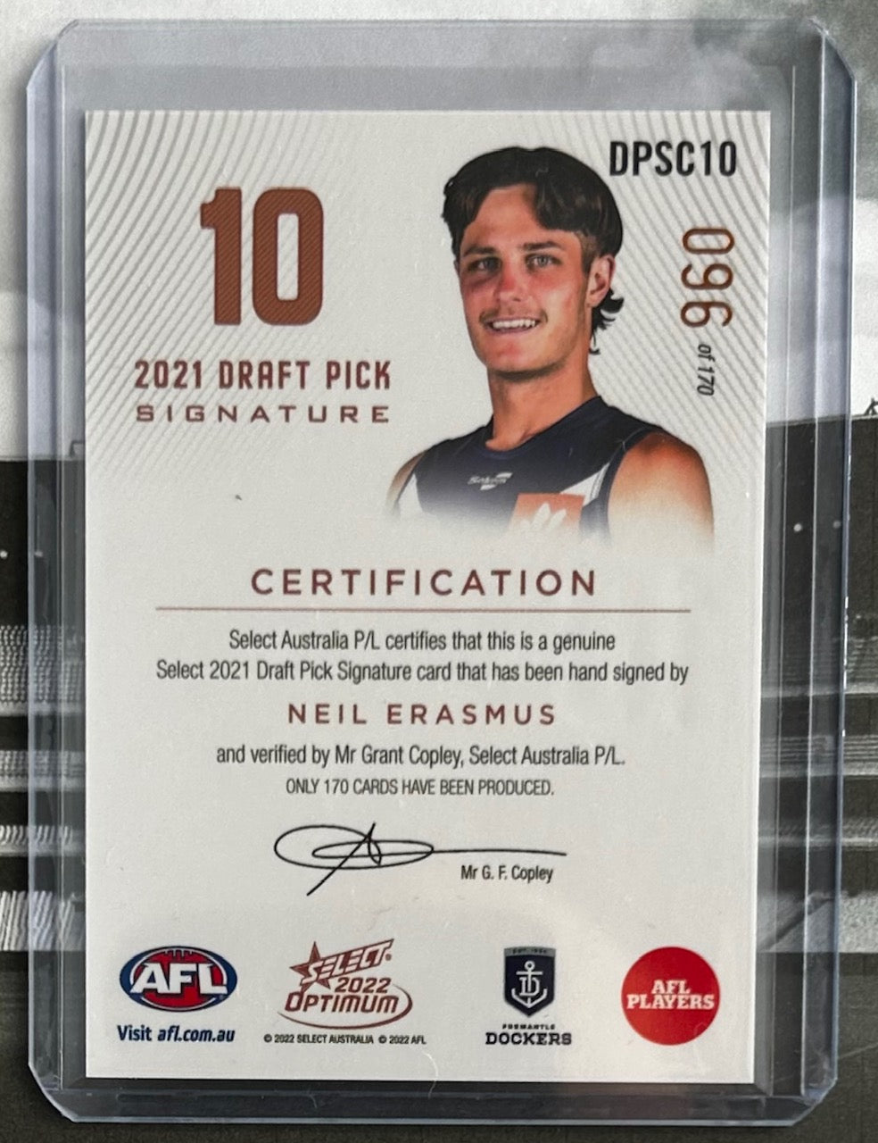 Select AFL Optimum 2022 - NEIL ERASMUS (FREMANTLE DOCKERS) Draft Pick Signature Copper DPSC10 /170