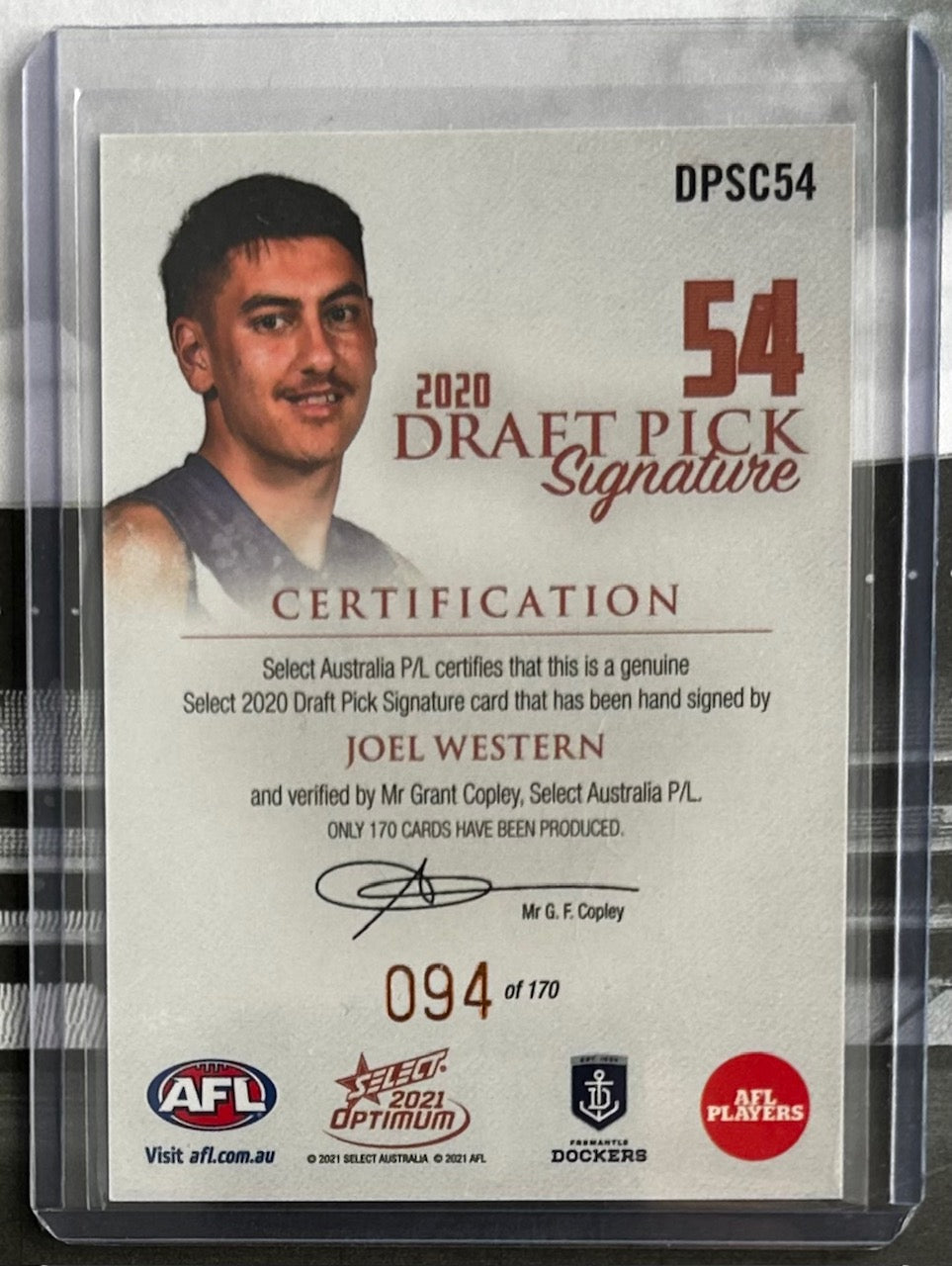 Select AFL Optimum 2021 - JOEL WESTERN (FREMANTLE DOCKERS) Draft Pick Signature Copper DPSC54 /170