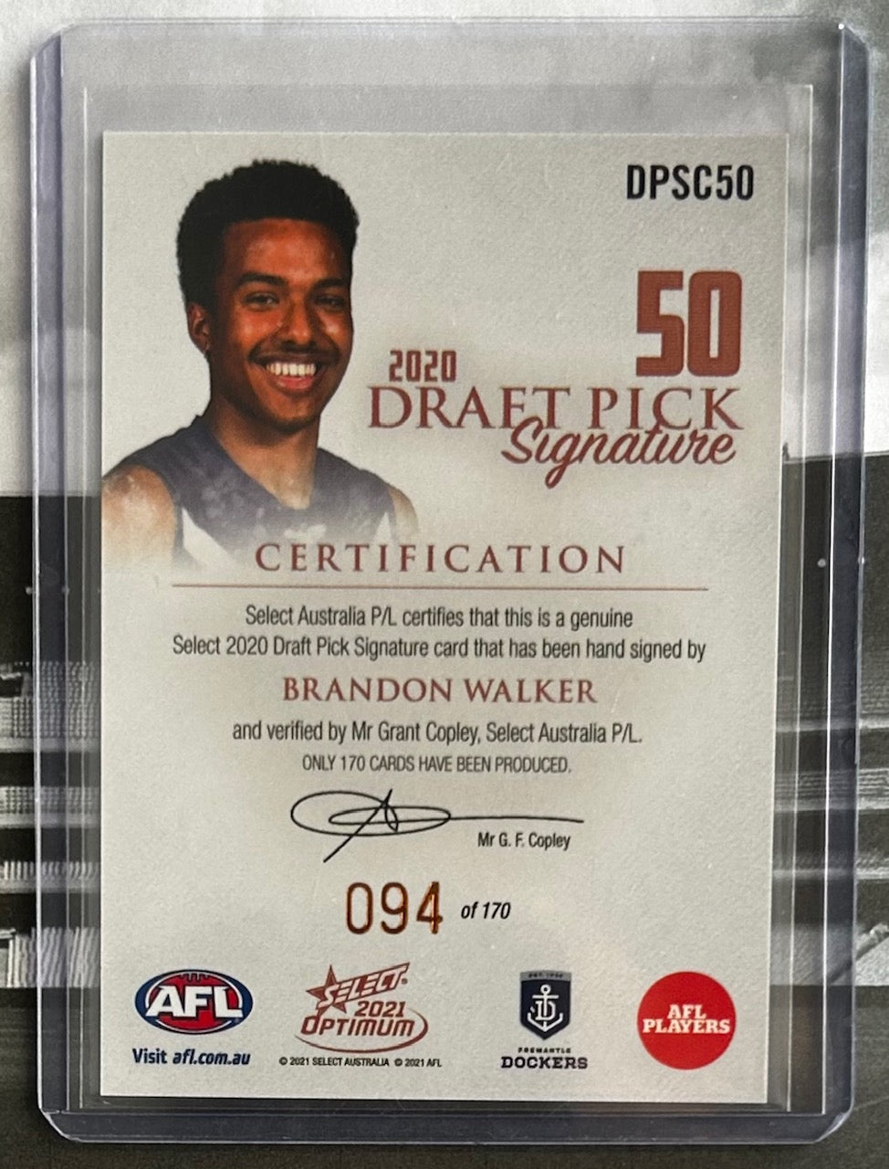 Select AFL Optimum 2021 - BRANDON WALKER (FREMANTLE DOCKERS) Draft Pick Signature Copper DPSC50 /170