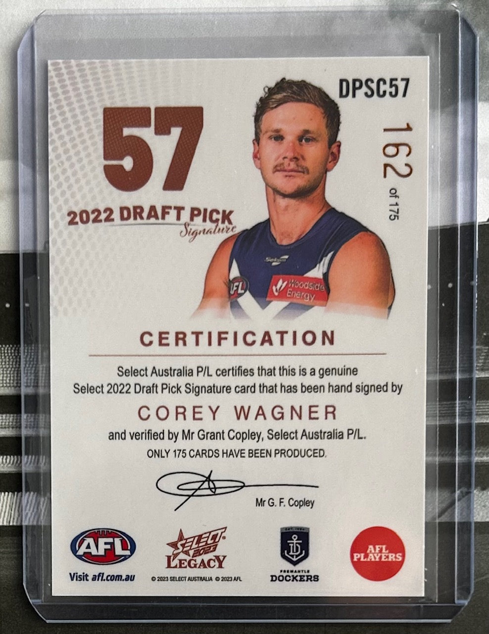 Select AFL Legacy 2023 - COREY WAGNER (FREMANTLE DOCKERS) Draft Pick Signature Copper DPSC57 /175