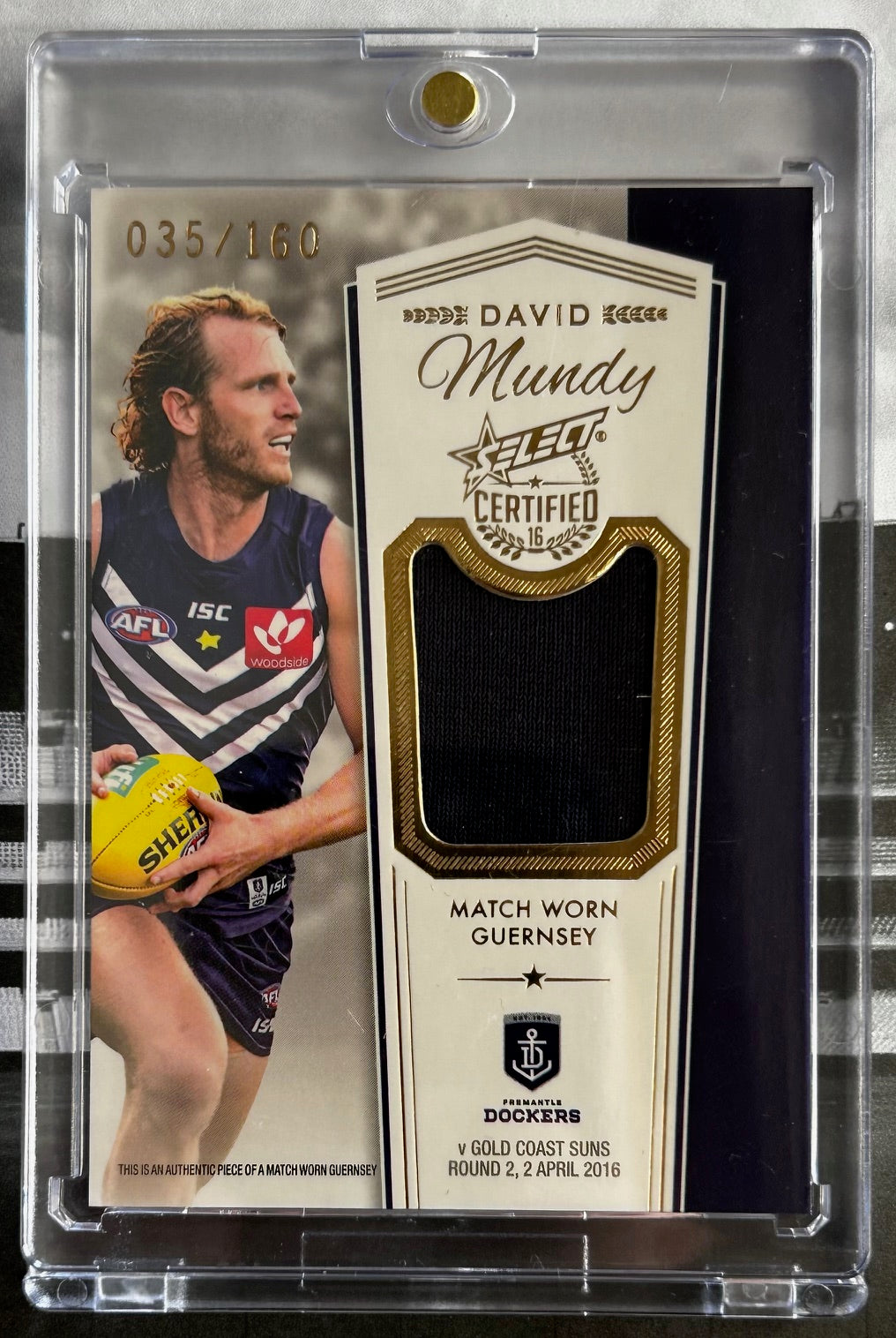 Select AFL 2016 Certified - DAVID MUNDY (FREMANTLE DOCKERS) Match Worn Guernsey Card MG2 /160