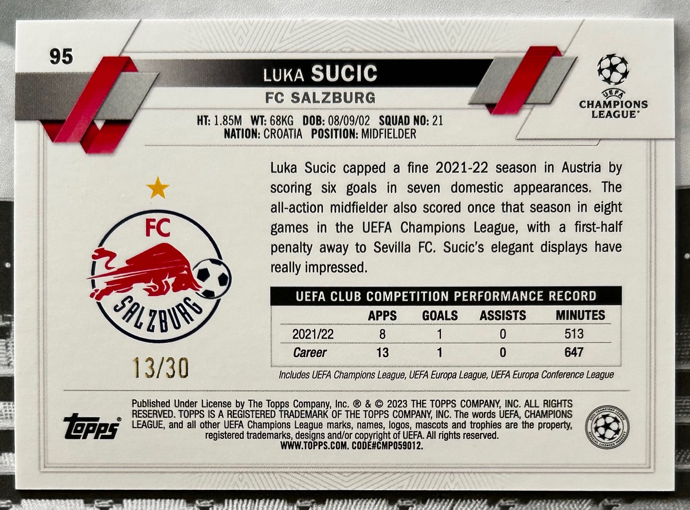 Topps UEFA Club Competitions 1st Edition 2022-23 - LUKA SUCIC (FC SALZBURG) All-Star Rookie Purple Parallel #95 /30