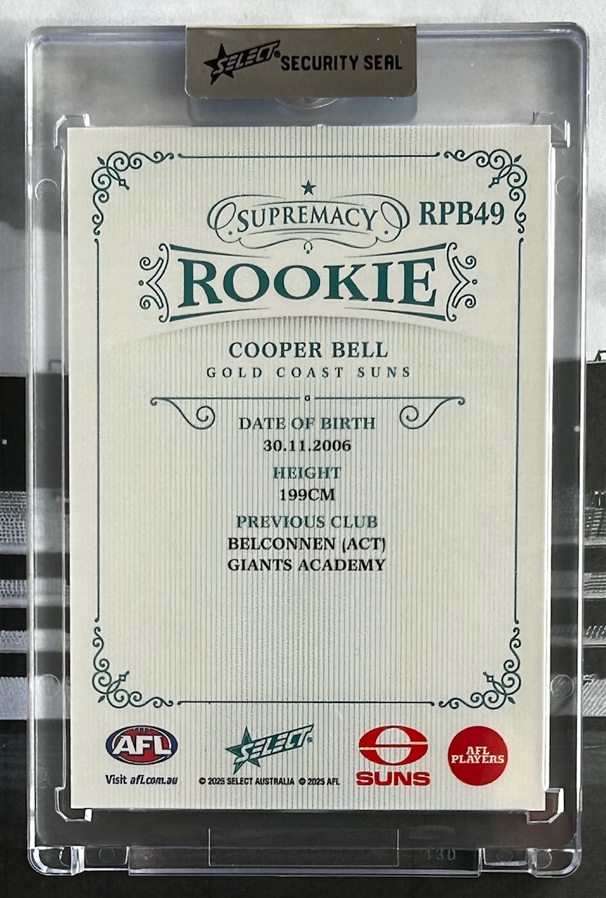 Select 2025 AFL Supremacy Rookies - COOPER BELL Pick #49 (GOLD COAST SUNS) RPB49 /75