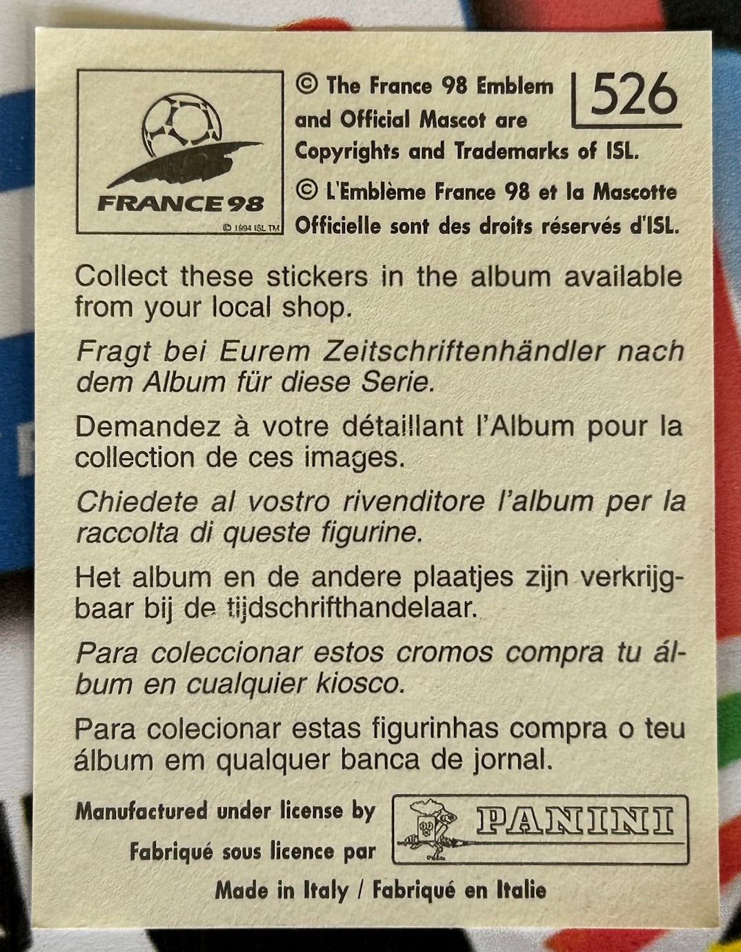 Panini FIFA World Cup France 98 Sticker - TSUYOSHI KITAZAWA (JAPAN) #526