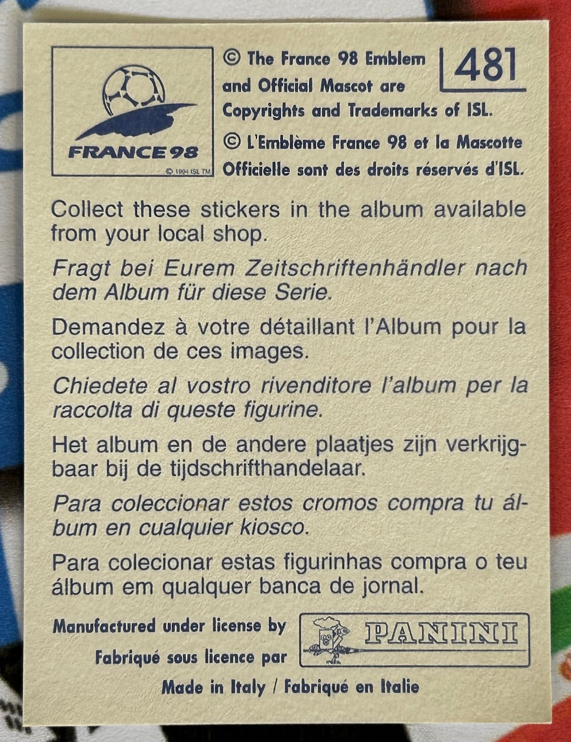 Panini FIFA World Cup France 98 Sticker - TEAM BADGE (TUNISIA) Foil #481