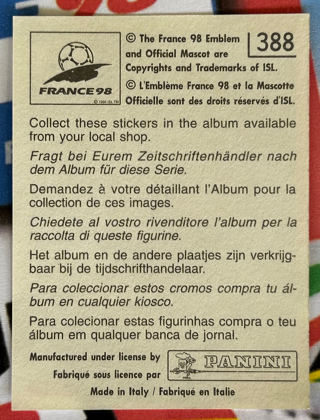 Panini FIFA World Cup France 98 Sticker - OLIVER KAHN (GERMANY) #388