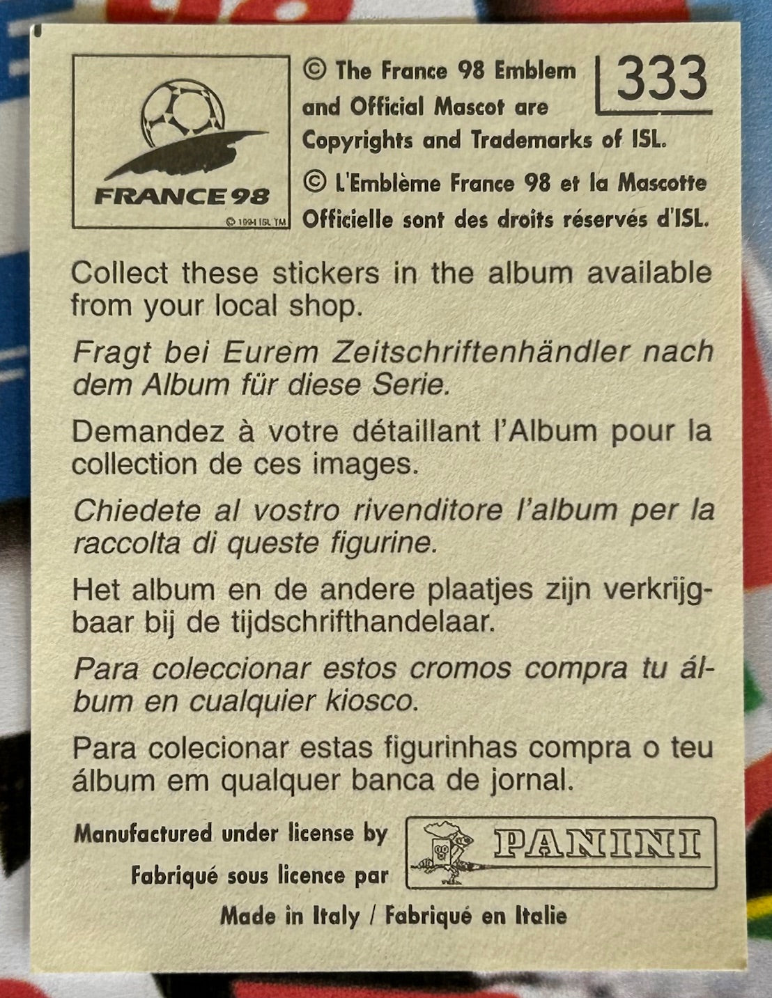 Panini FIFA World Cup France 98 Sticker - GILLES DE BILDE (BELGIUM) #333