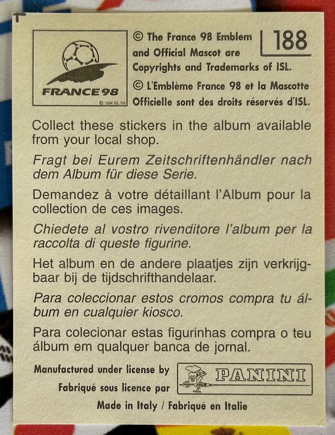 Panini FIFA World Cup France 98 Sticker - BRENDAN AUGUSTINE (SOUTH AFRICA) #188