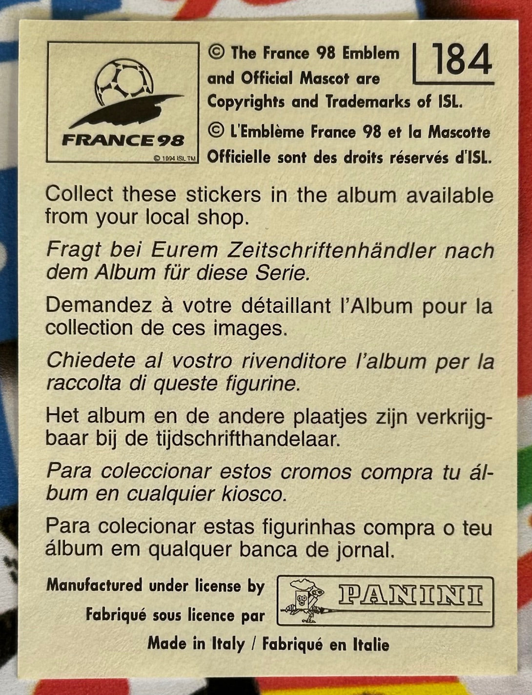 Panini FIFA World Cup France 98 Sticker - ERIC TINKLER (SOUTH AFRICA) #184