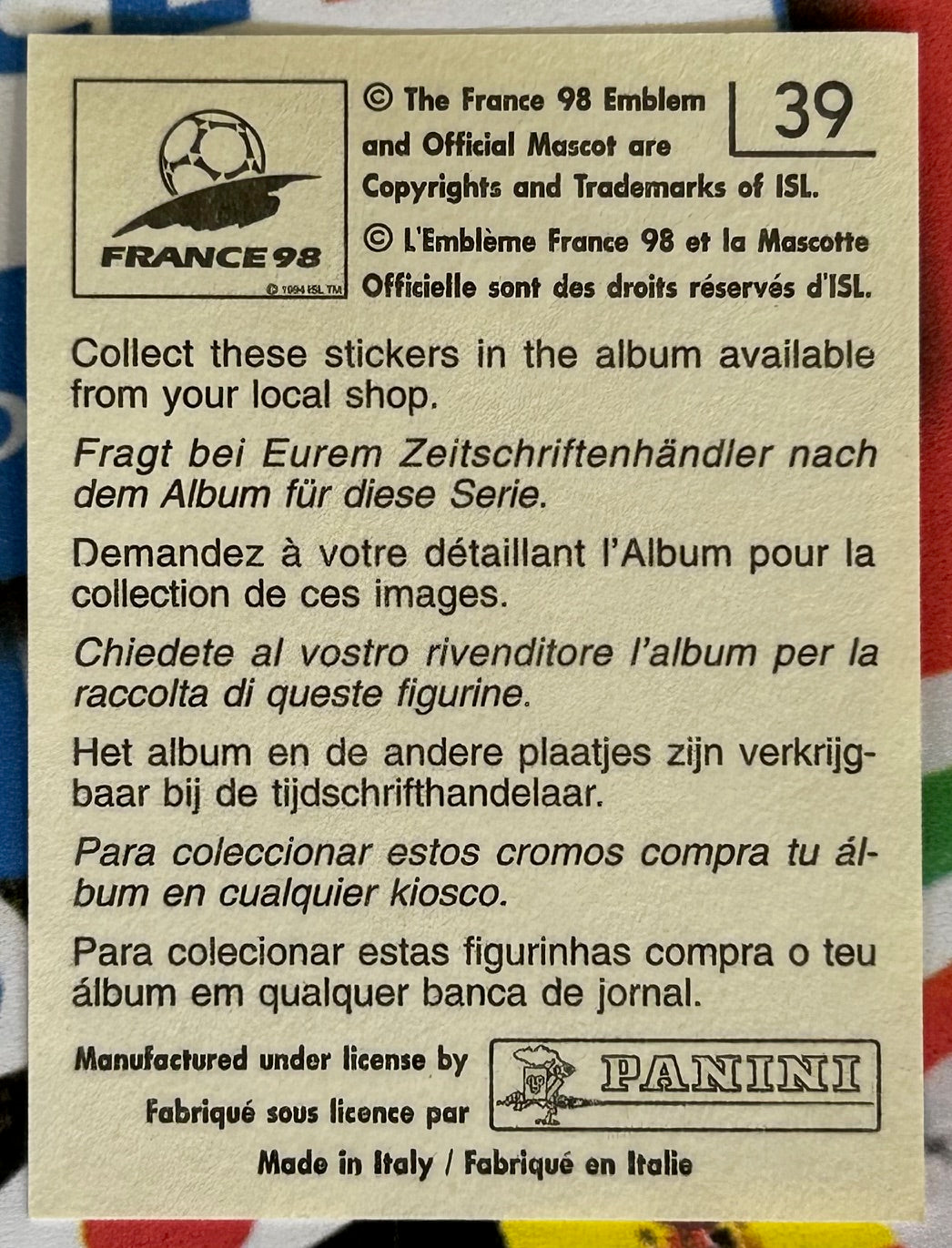 Panini FIFA World Cup France 98 Sticker - CHRISTIAN DAILLY (SCOTLAND) #39