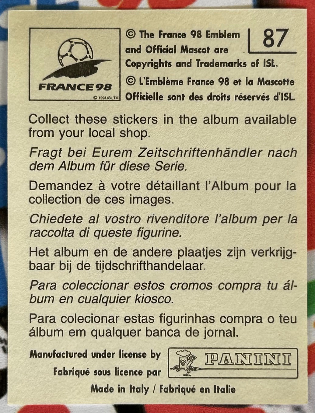 Panini FIFA World Cup France 98 Sticker - ANGELO PERUZZI (ITALY) #87
