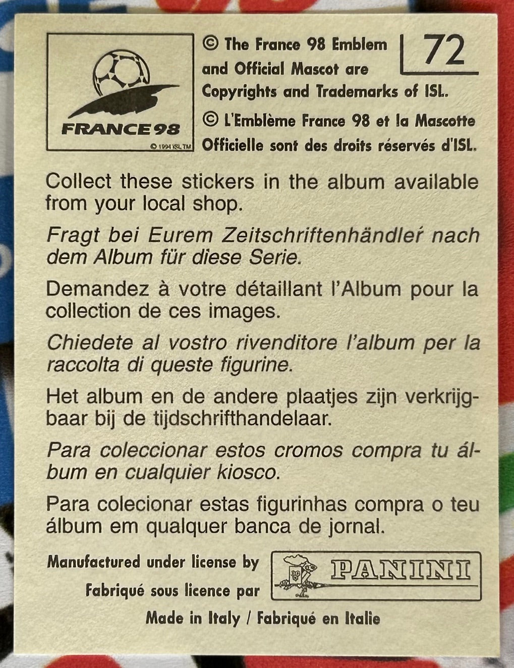 Panini FIFA World Cup France 98 Sticker - RONNY JOHNSEN (NORWAY) #72