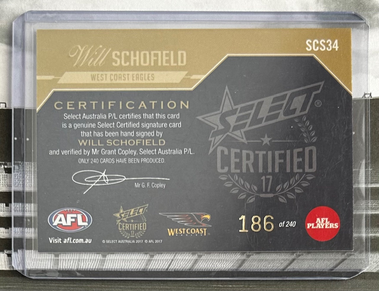 Select AFL 2017 Certified - WILL SCHOFIELD (WEST COAST EAGLES) Signature Card SCS34 /240