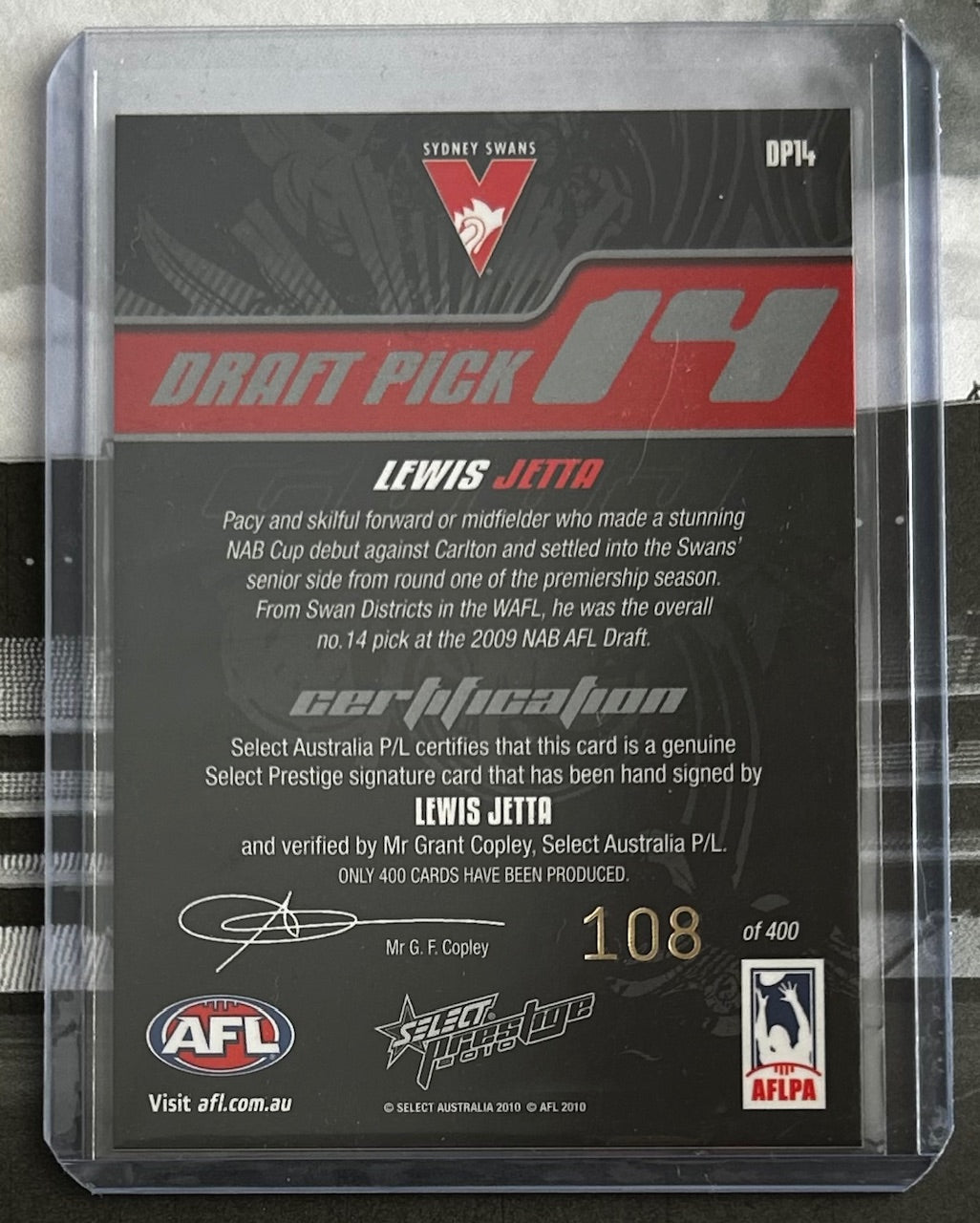 2010 Select AFL Prestige - LEWIS JETTA (SYDNEY SWANS) Draft Pick Signature DP14 /400