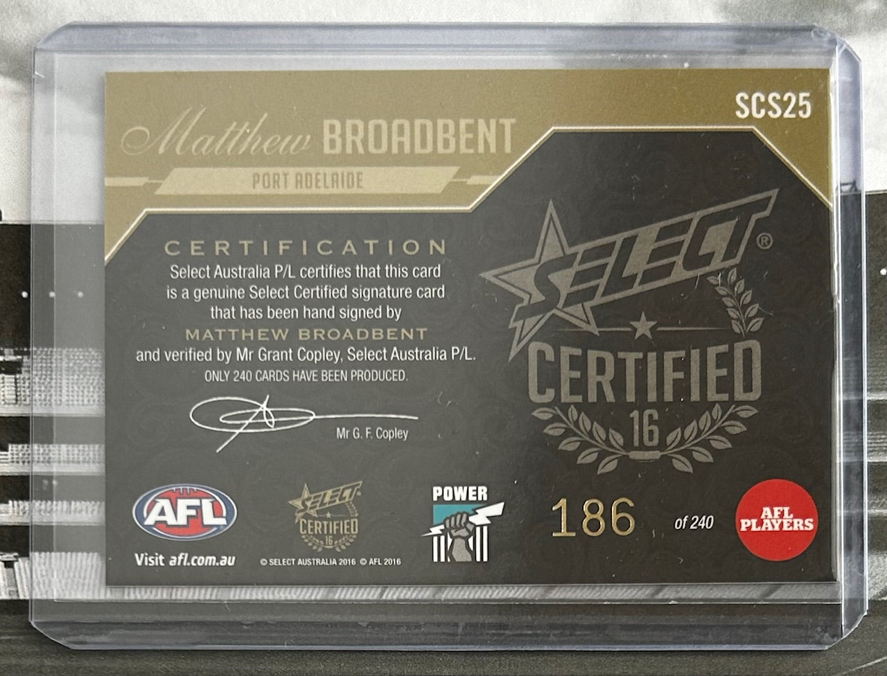 Select AFL 2016 Certified Signature - MATTHEW BROADBENT (PORT ADELAIDE) Certified Signature SCS25 /240