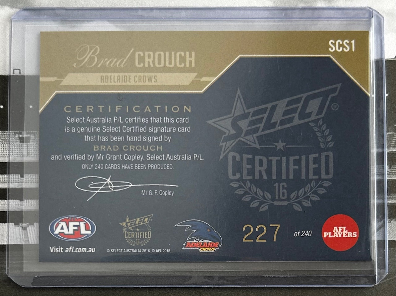 Select AFL 2016 Certified Signature - BRAD CROUCH (ADELAIDE CROWS) Certified Signature SCS1 /240