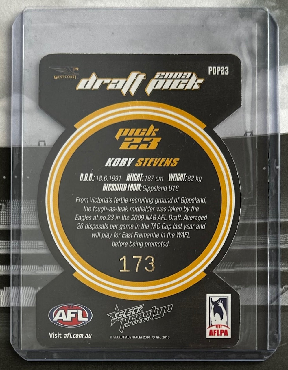 2010 Select AFL Prestige - KOBY STEVENS (WEST COAST EAGLES) Draft Pick Platinum Die Cut PDP23 #173