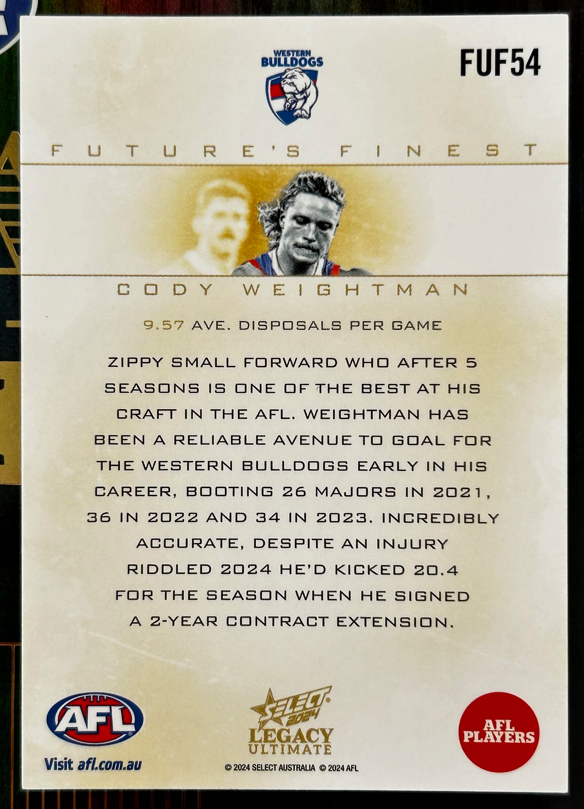 Select AFL Legacy 2024 - CODY WEIGHTMAN (WESTERN BULLDOGS) Future's Finest FUF54 /80