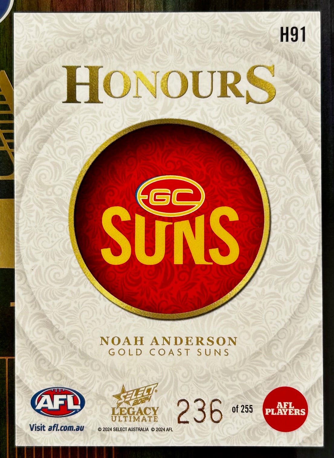Select AFL 2024 Legacy Ultimate - NOAH ANDERSON (GOLD COAST SUNS) Honours H91 /255