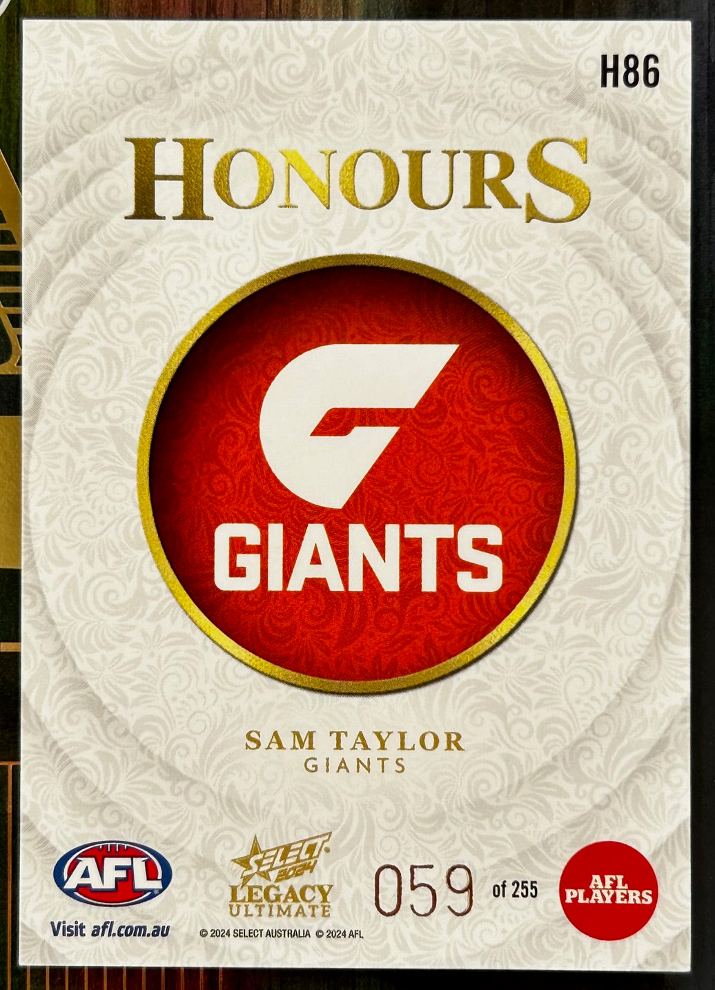 Select AFL 2024 Legacy Ultimate - SAM TAYLOR (GWS GIANTS) Honours H86 /255