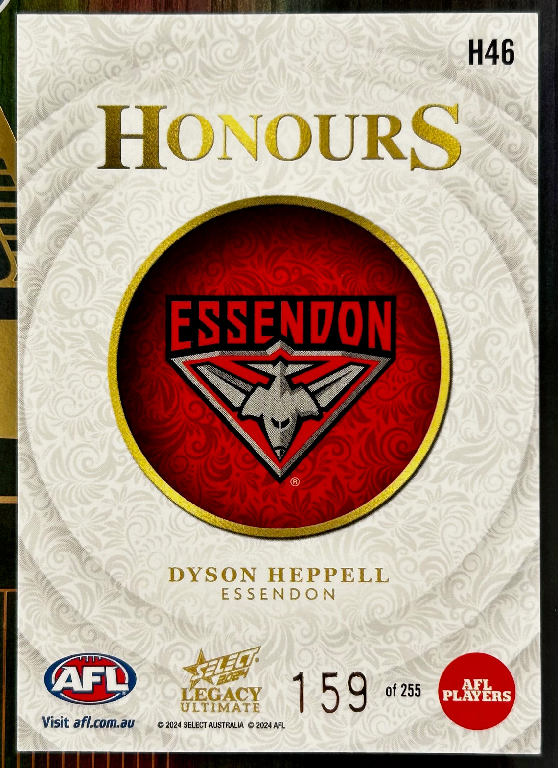 Select AFL 2024 Legacy Ultimate - DYSON HEPPELL (ESSENDON) Honours H46 /255
