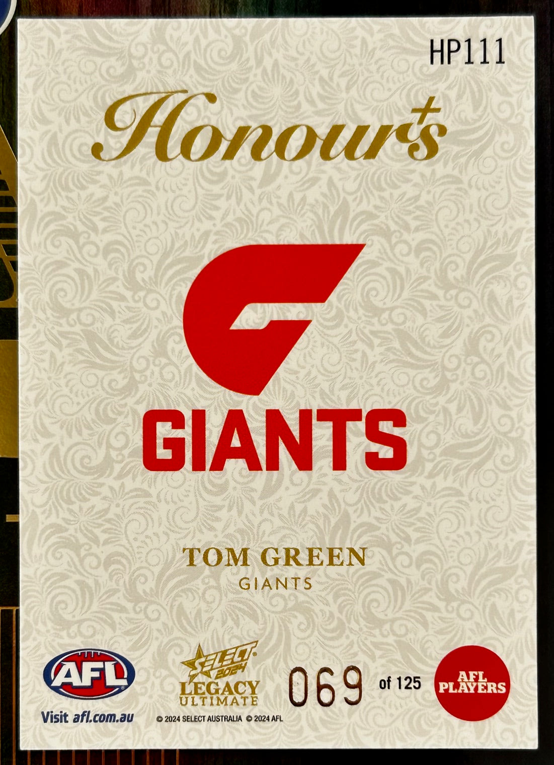 Select AFL 2024 Legacy Ultimate - TOM GREEN (GWS GIANTS) Honours Plus HP111 /125