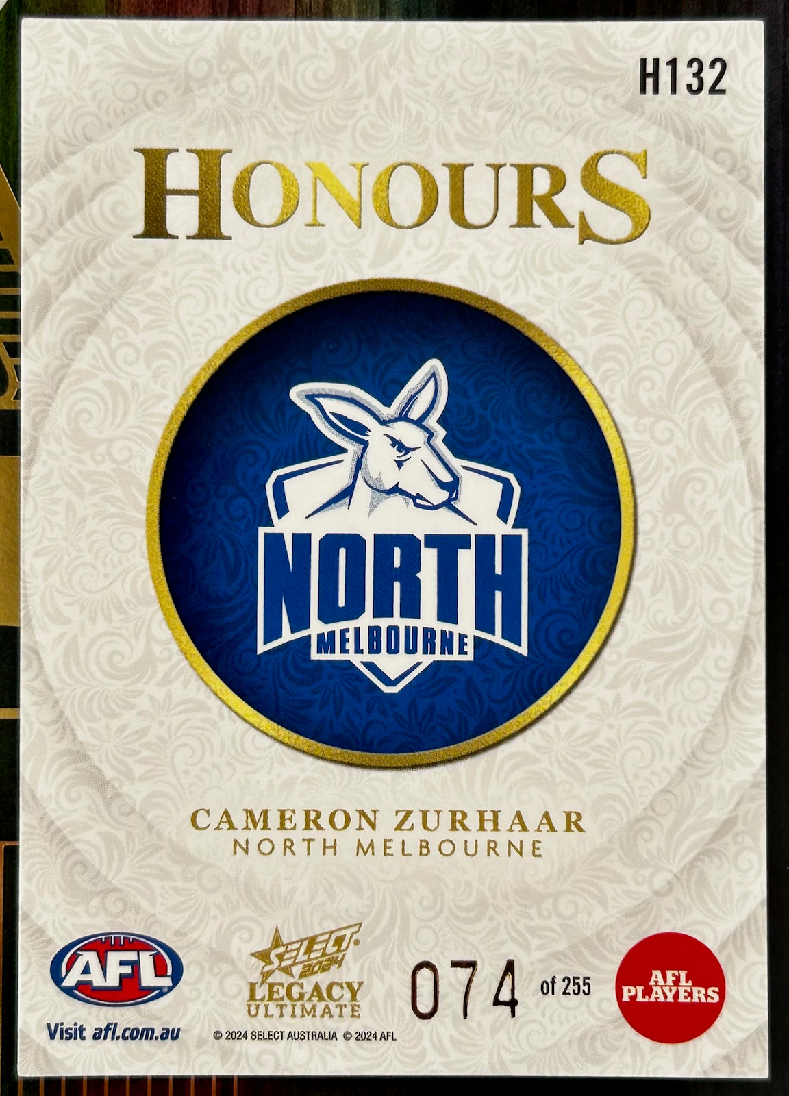 Select AFL 2024 Legacy Ultimate - CAMERON ZURHAAR (NORTH MELBOURNE) Honours H132 /255